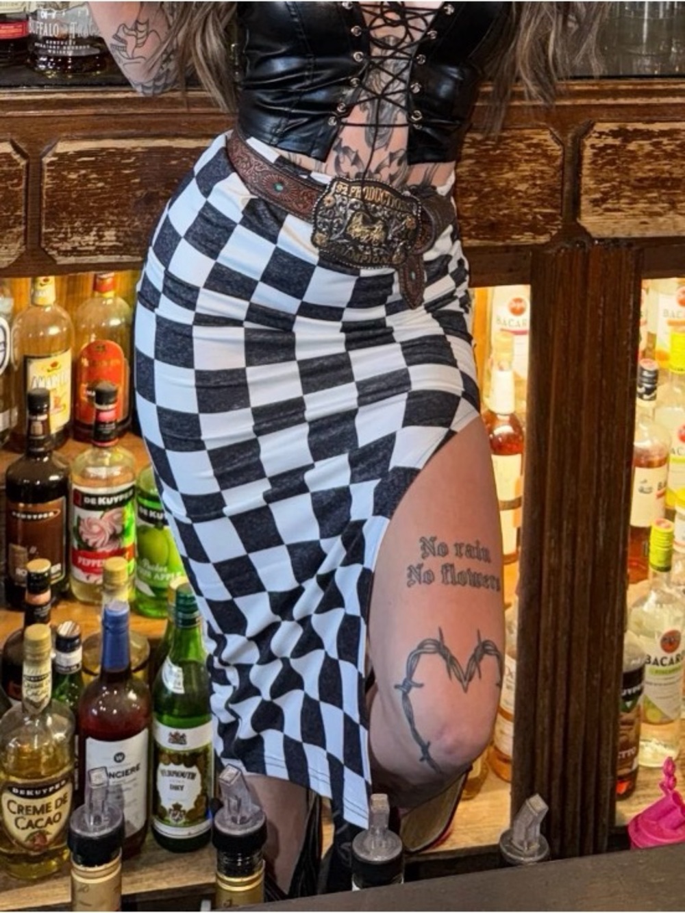 Black & White Checkered High-Slit Midi Skirt